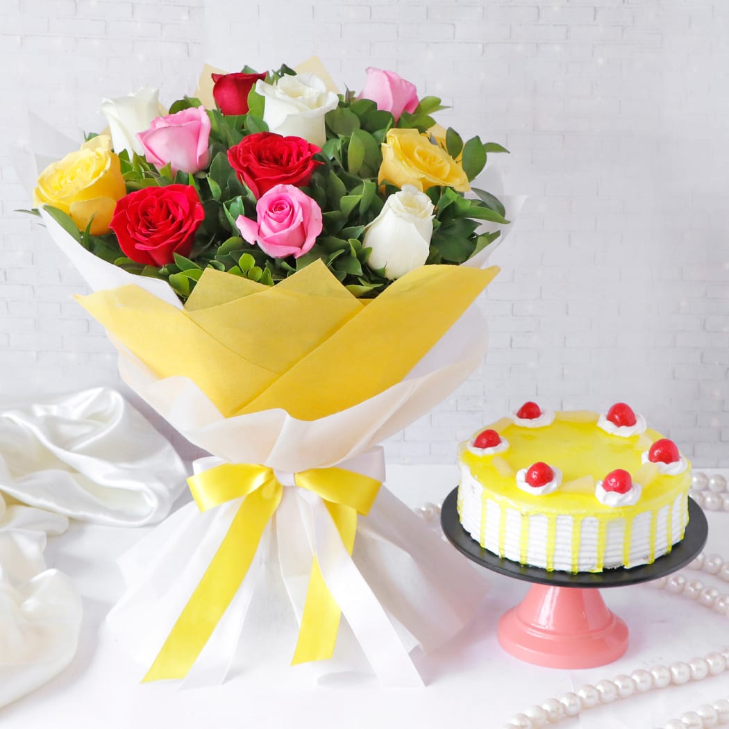 Colorful Assorted Roses Flower Bouquet with Pineapple Cake ...